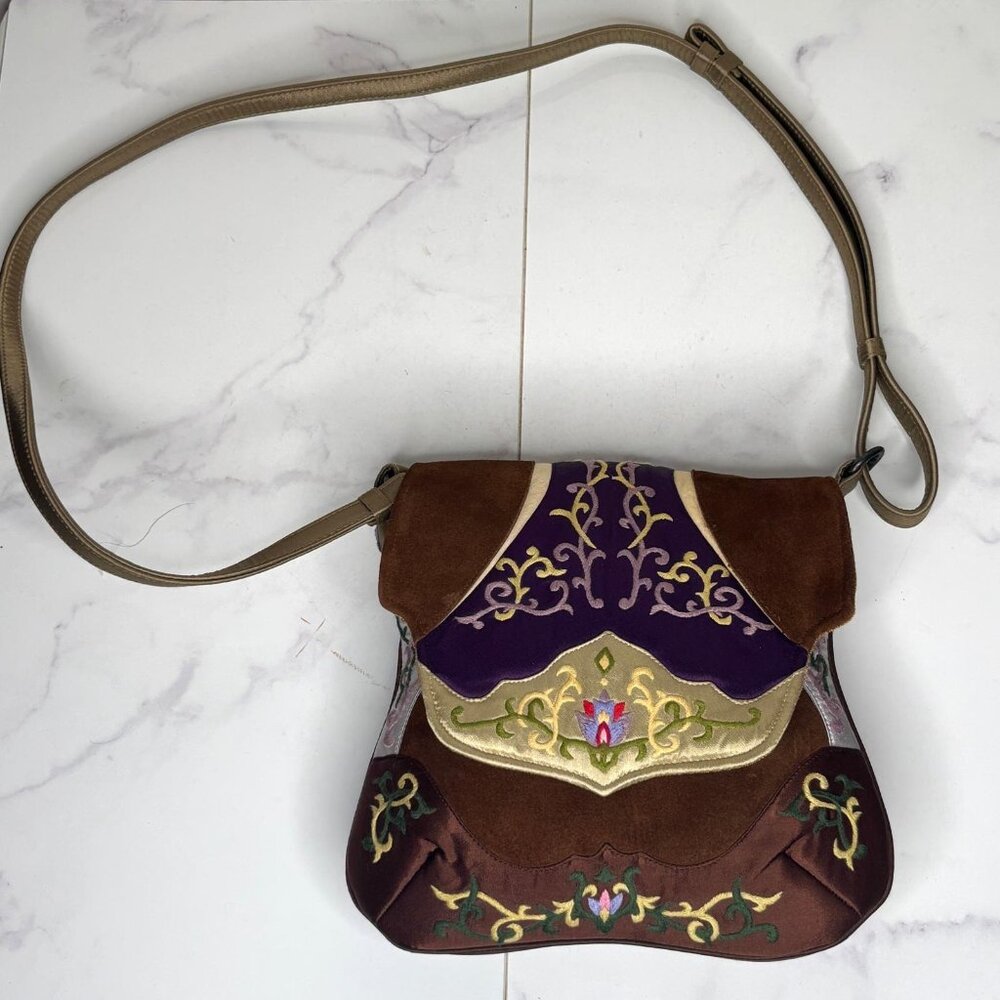 Vtg OOVOO Le Thi Hong Tu Hand Embroidered Asian Silk Suede Leather Shoulder Bag